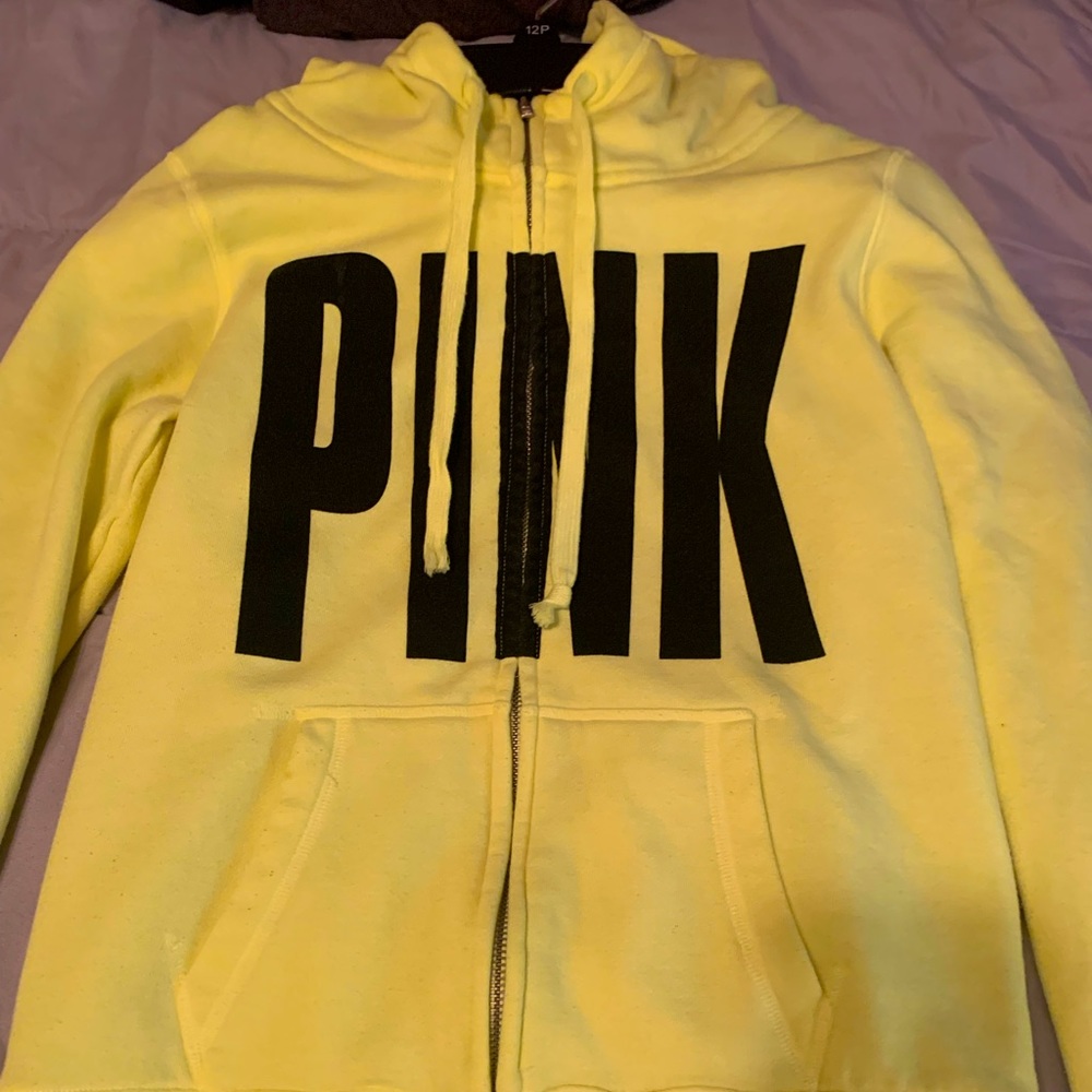 Neon yellow, size small, PINK zip up with hoodie